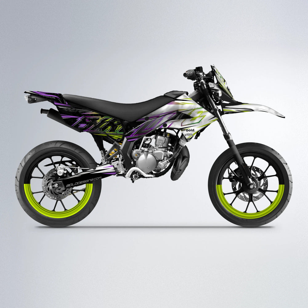 DEEPE V2 Derbi Senda supermoto graphics kit in Purple & Yellow