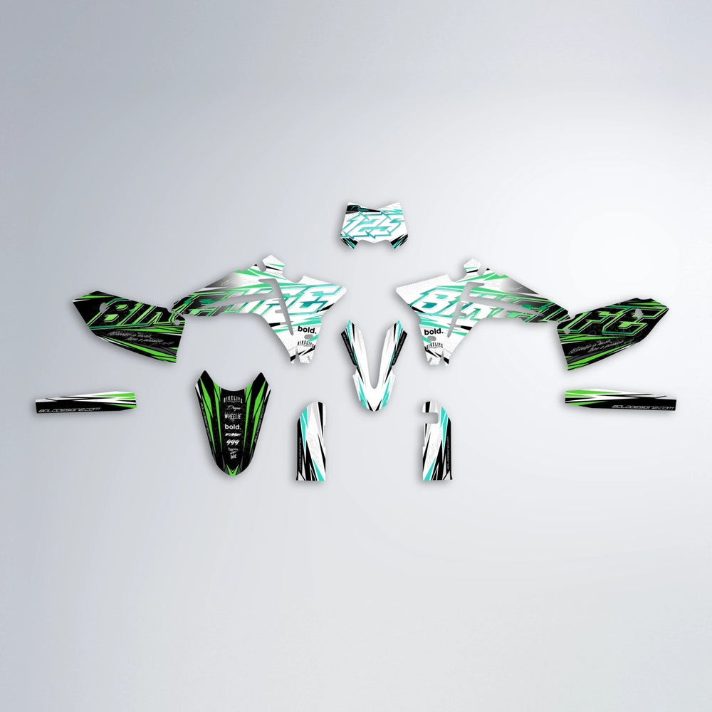 DEEPE V2 Fantic graphics kit parts layout in Cyan & Green