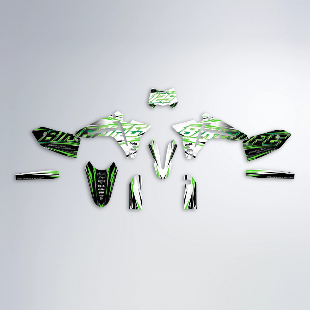DEEPE V2 Fantic graphics kit parts layout in Green