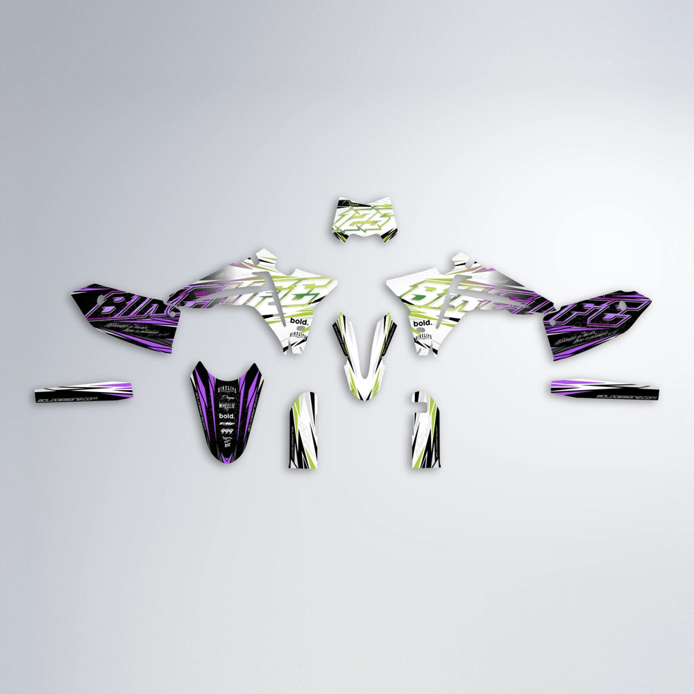 DEEPE V2 Fantic graphics kit parts layout in Purple & Yellow