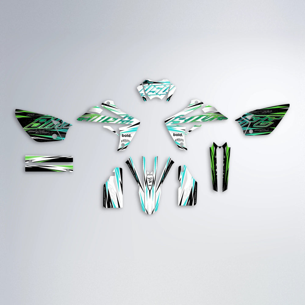 DEEPE V2 Rieju MRT graphics kit parts layout in Cyan & Green