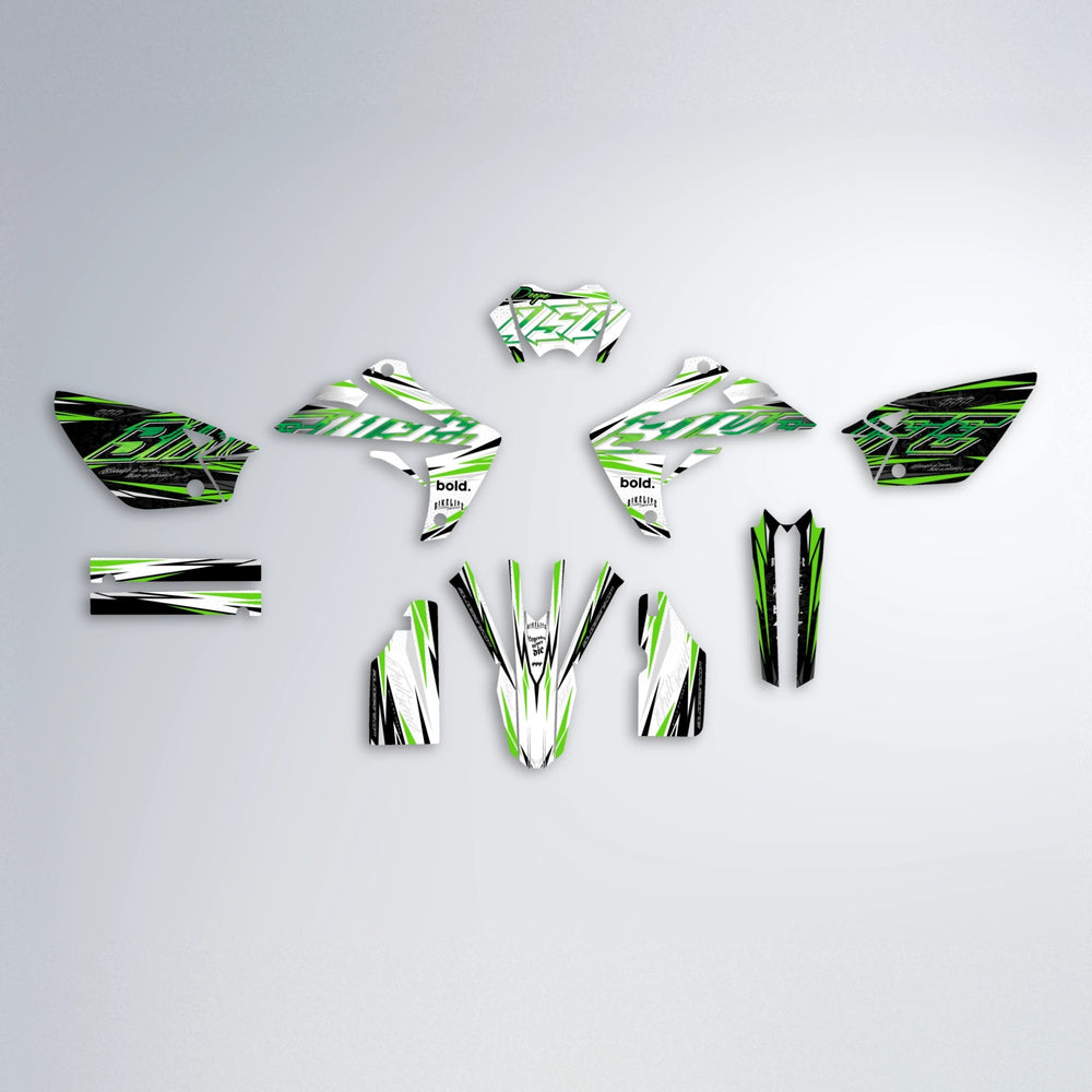 DEEPE V2 Rieju MRT graphics kit parts layout in Green