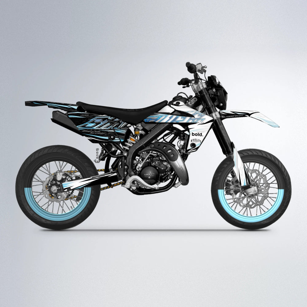 DEEPE V2 Rieju MRT supermoto graphics kit in Light Blue & White