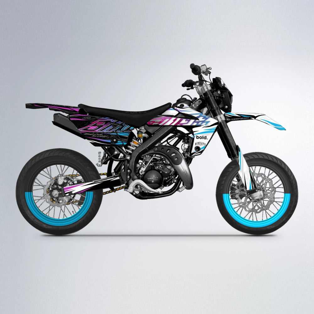DEEPE V2 Rieju MRT supermoto graphics kit in Pink & Light Blue