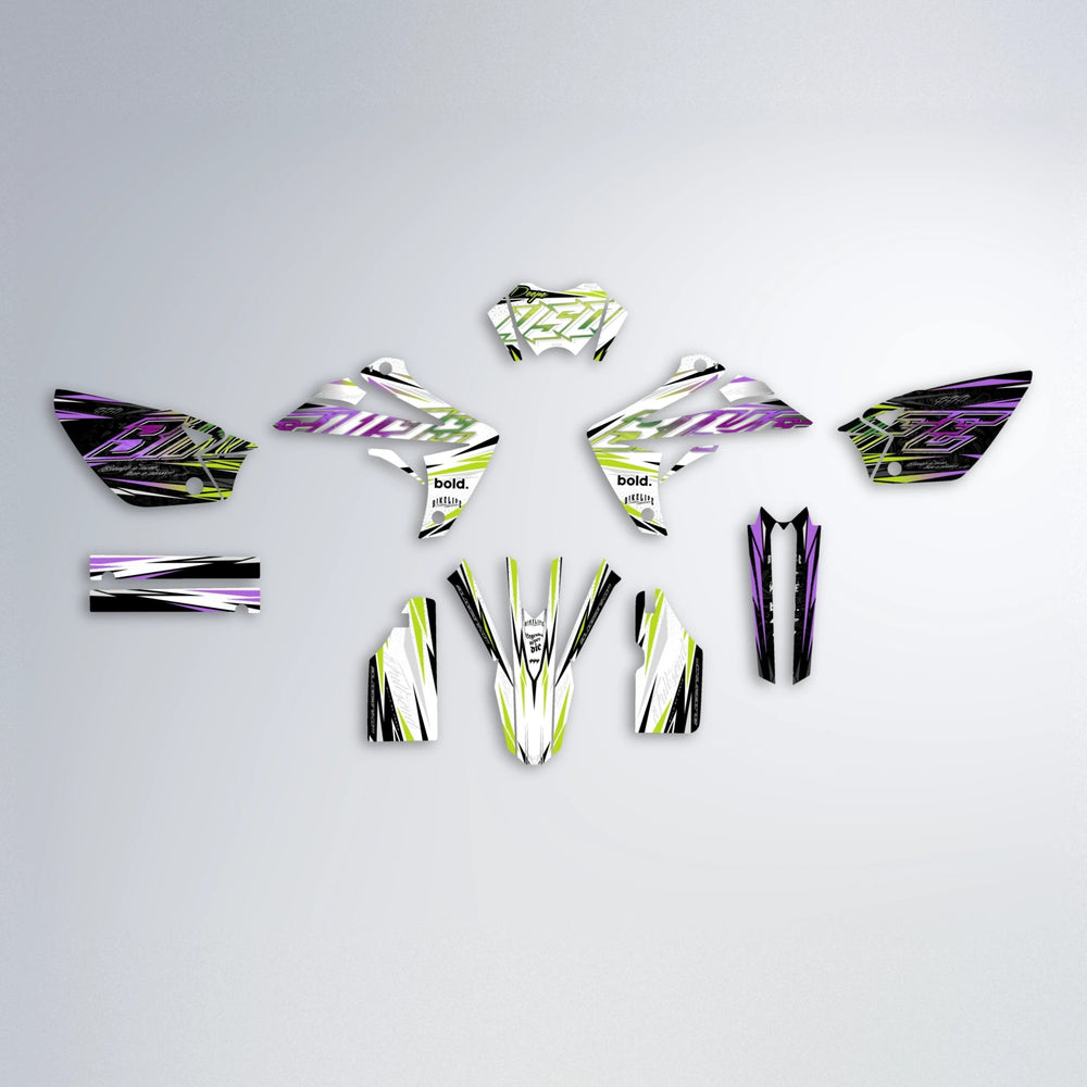 DEEPE V2 Rieju MRT graphics kit parts layout in Purple & Yellow