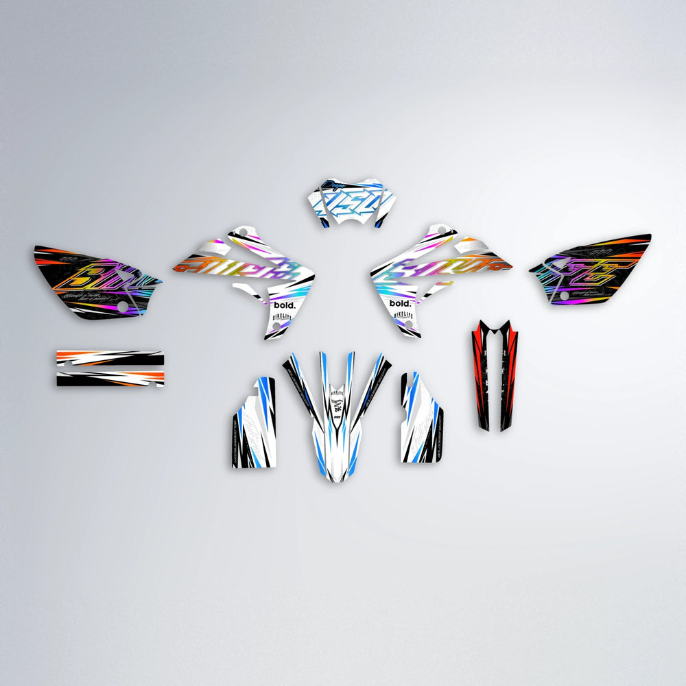 DEEPE V2 Rieju MRT graphics kit parts layout in Sunset Fade