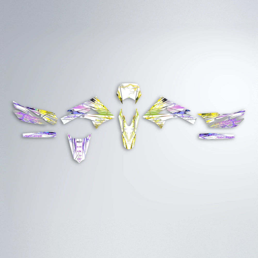 DIVINE Derbi Senda graphics kit parts layout in Purple & Yellow
