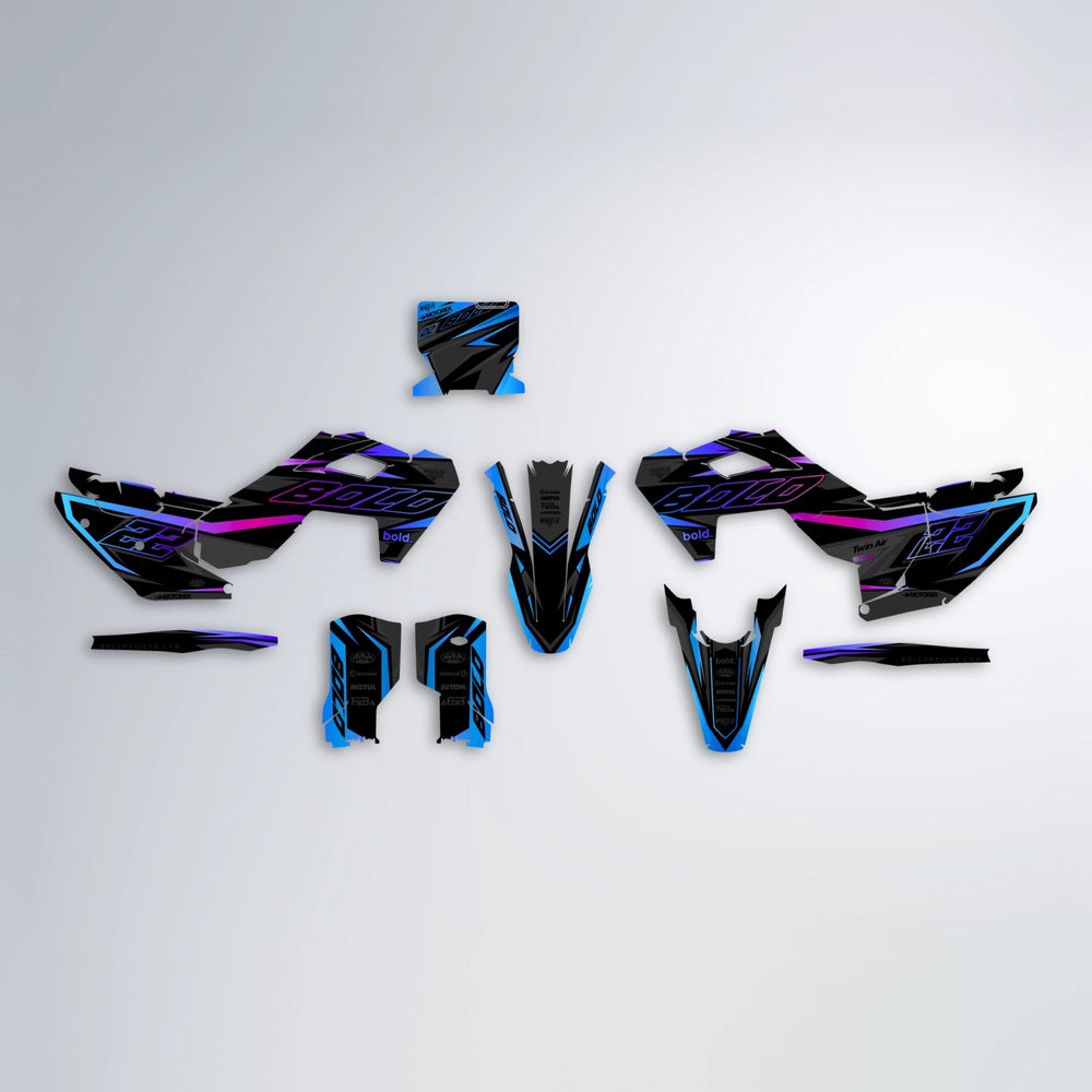 DORTOS Husqvarna FE/TE graphics kit parts layout in Blue Purple Fade