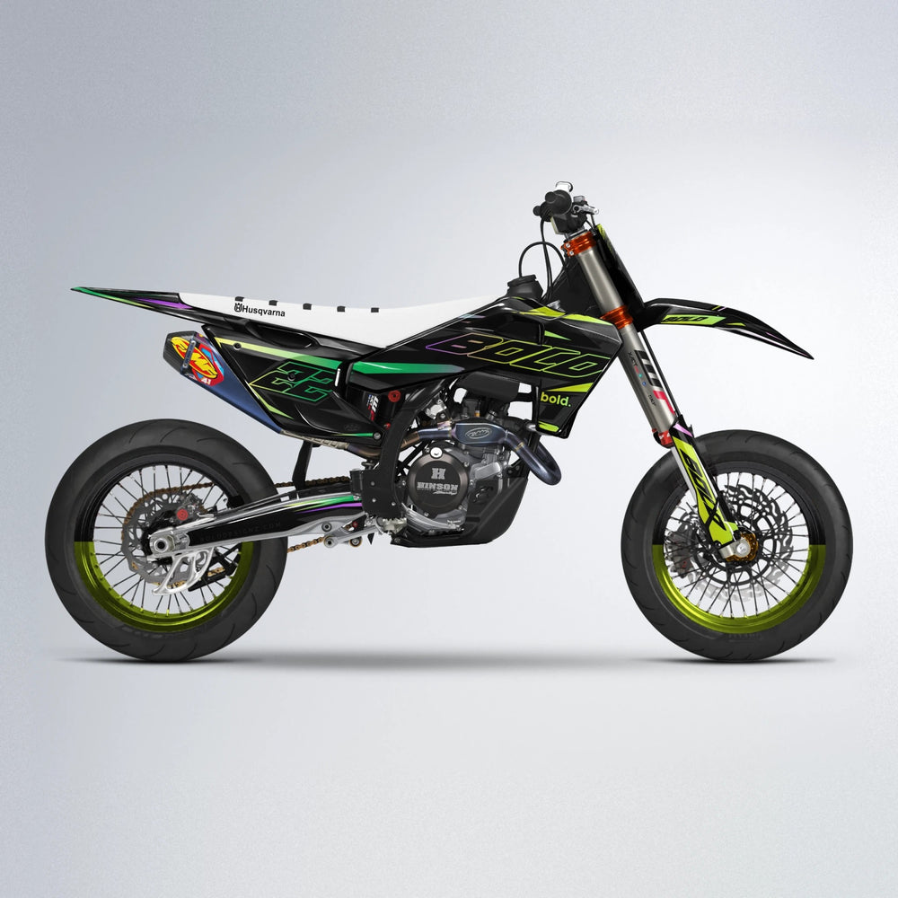DORTOS Husqvarna FE/TE supermoto graphics kit in Purple & Yellow