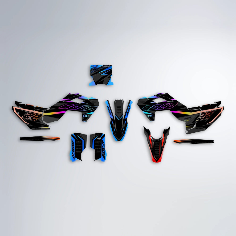 DORTOS Husqvarna FE/TE graphics kit parts layout in Sunset Fade