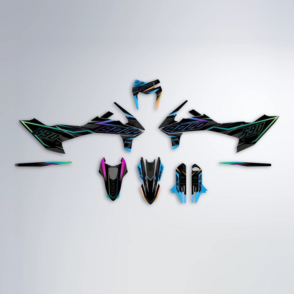 DORTOS KTM SMC 690 graphics kit parts layout in Pink & Light Blue