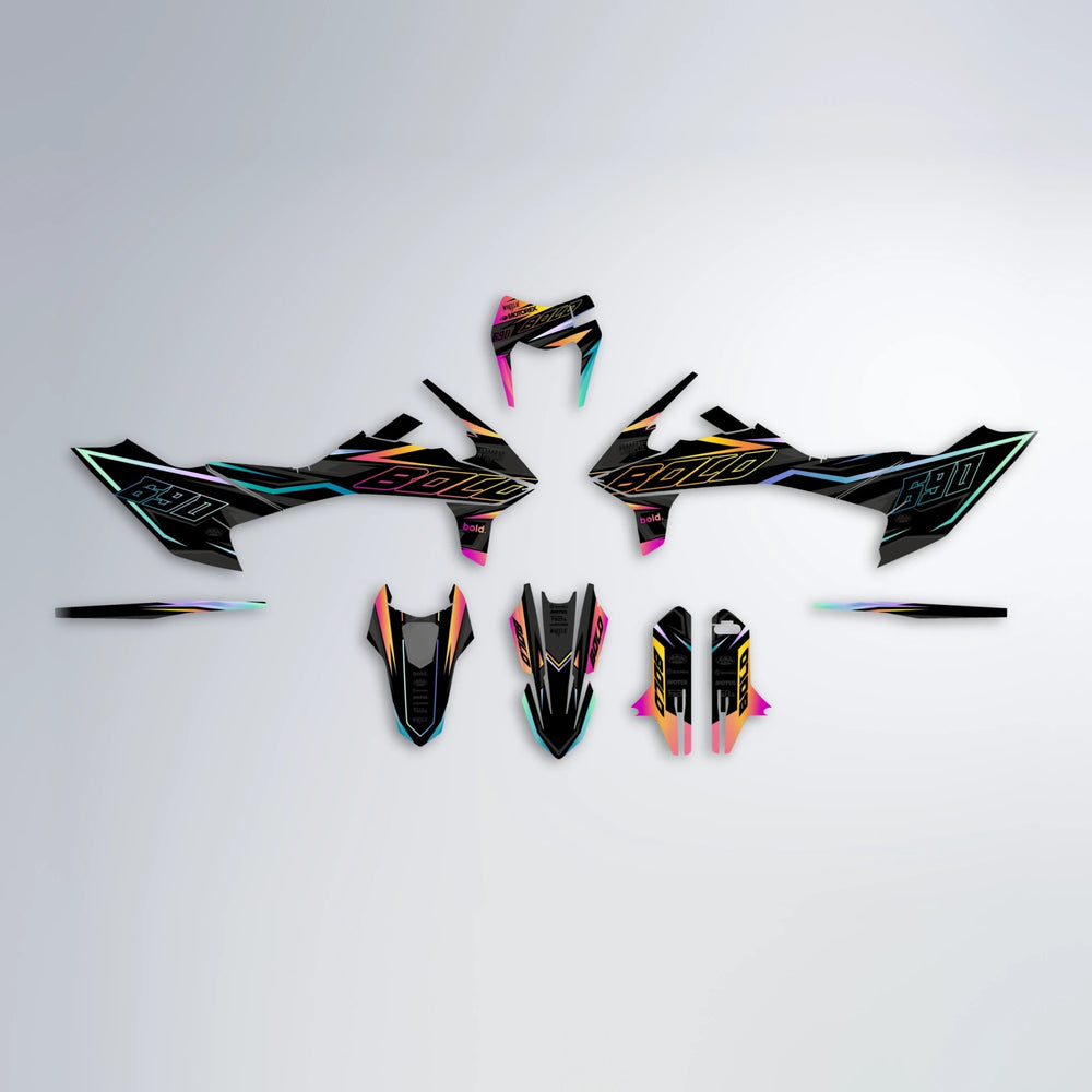 DORTOS KTM SMC 690 graphics kit parts layout in Pink & Yellow