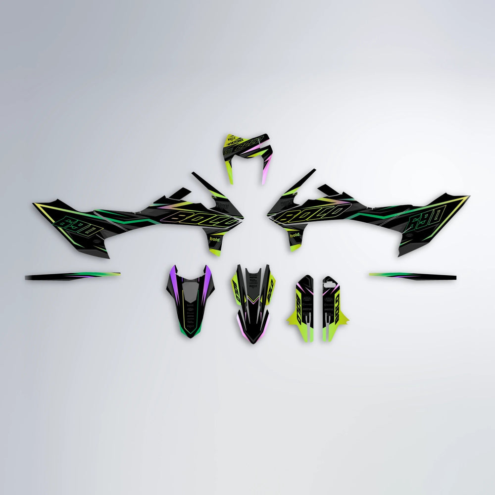 DORTOS KTM SMC 690 graphics kit parts layout in Purple & Yellow