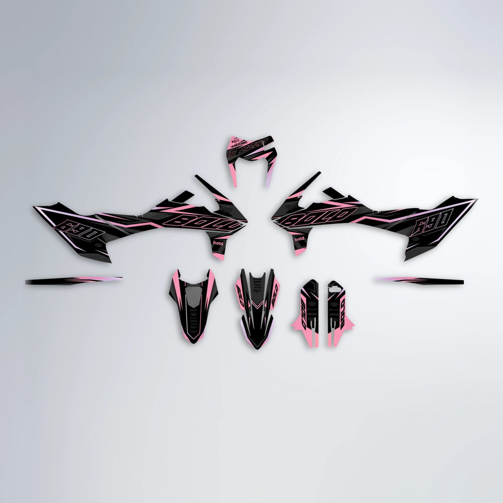 DORTOS KTM SMC 690 graphics kit parts layout in Sakura Pink