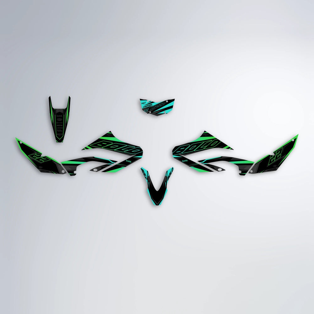 DORTOS Yamaha WR 125X graphics kit parts layout in Cyan & Green