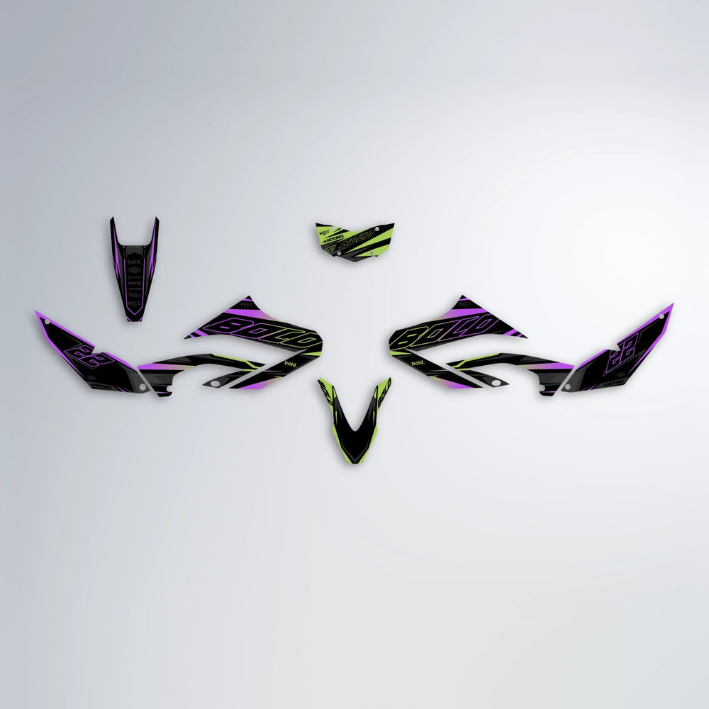 DORTOS Yamaha WR 125X graphics kit parts layout in Purple & Yellow