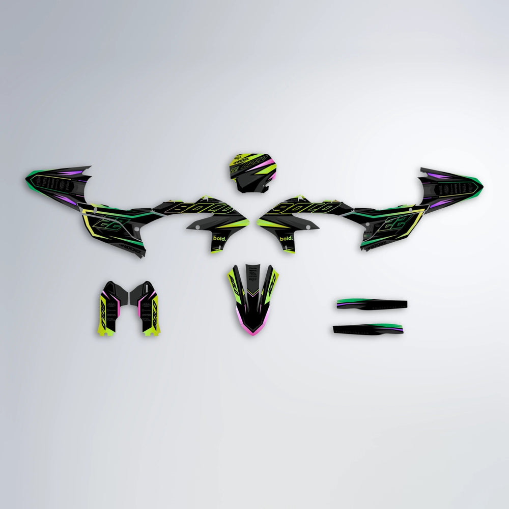 DORTOS Yamaha YZF MX graphics kit parts layout in Purple & Yellow