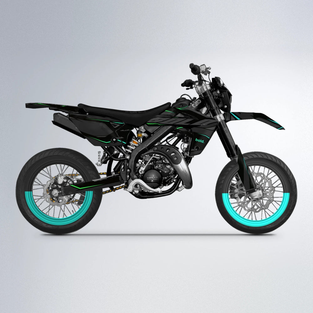DRIFT Rieju MRT supermoto graphics kit in Cyan & Green