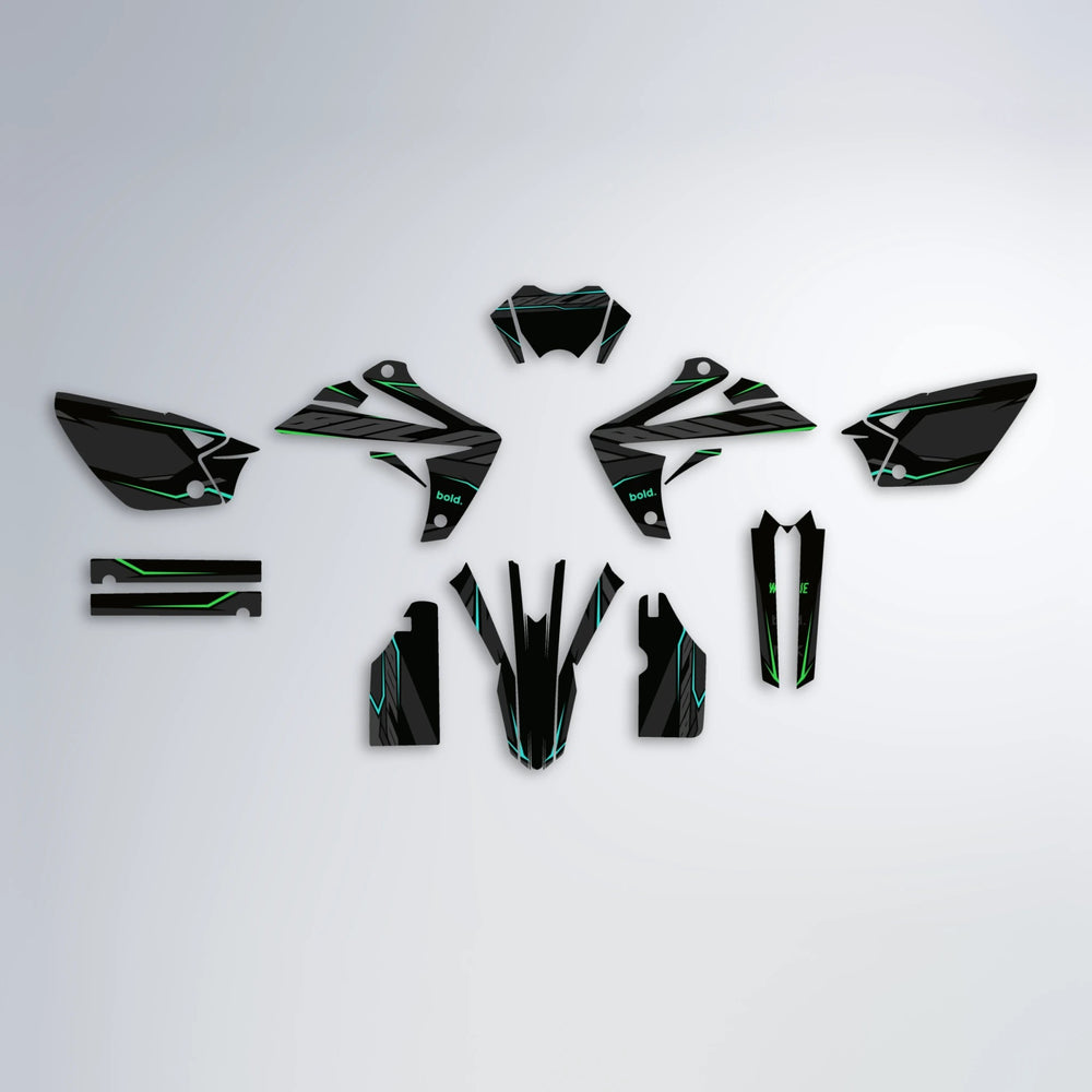 DRIFT Rieju MRT graphics kit parts layout in Cyan & Green