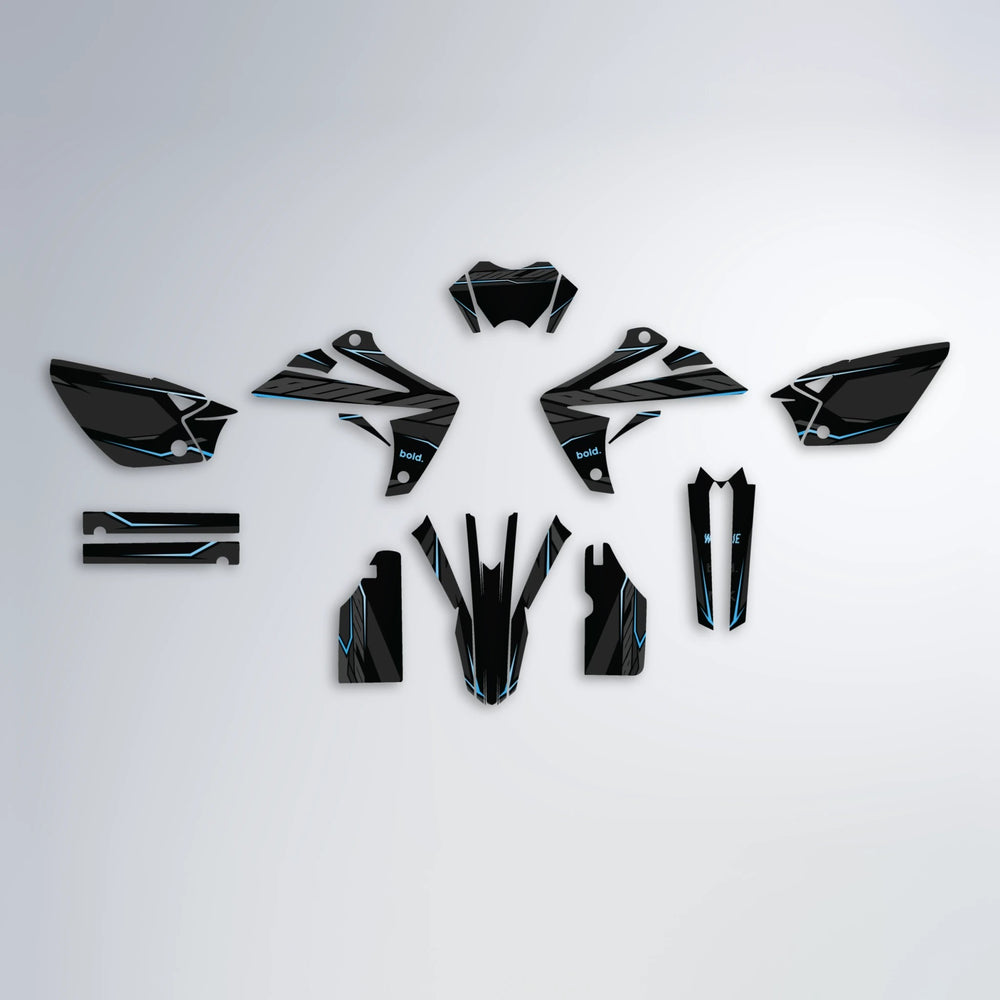 DRIFT Rieju MRT graphics kit parts layout in Light Blue & White