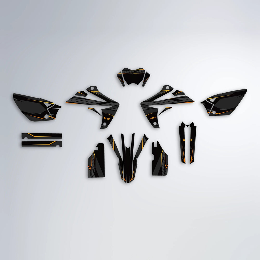 DRIFT Rieju MRT graphics kit parts layout in Orange & Yellow
