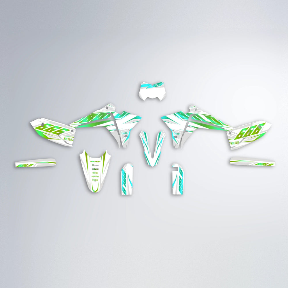 EKKE Fantic graphics kit parts layout in Cyan & Green