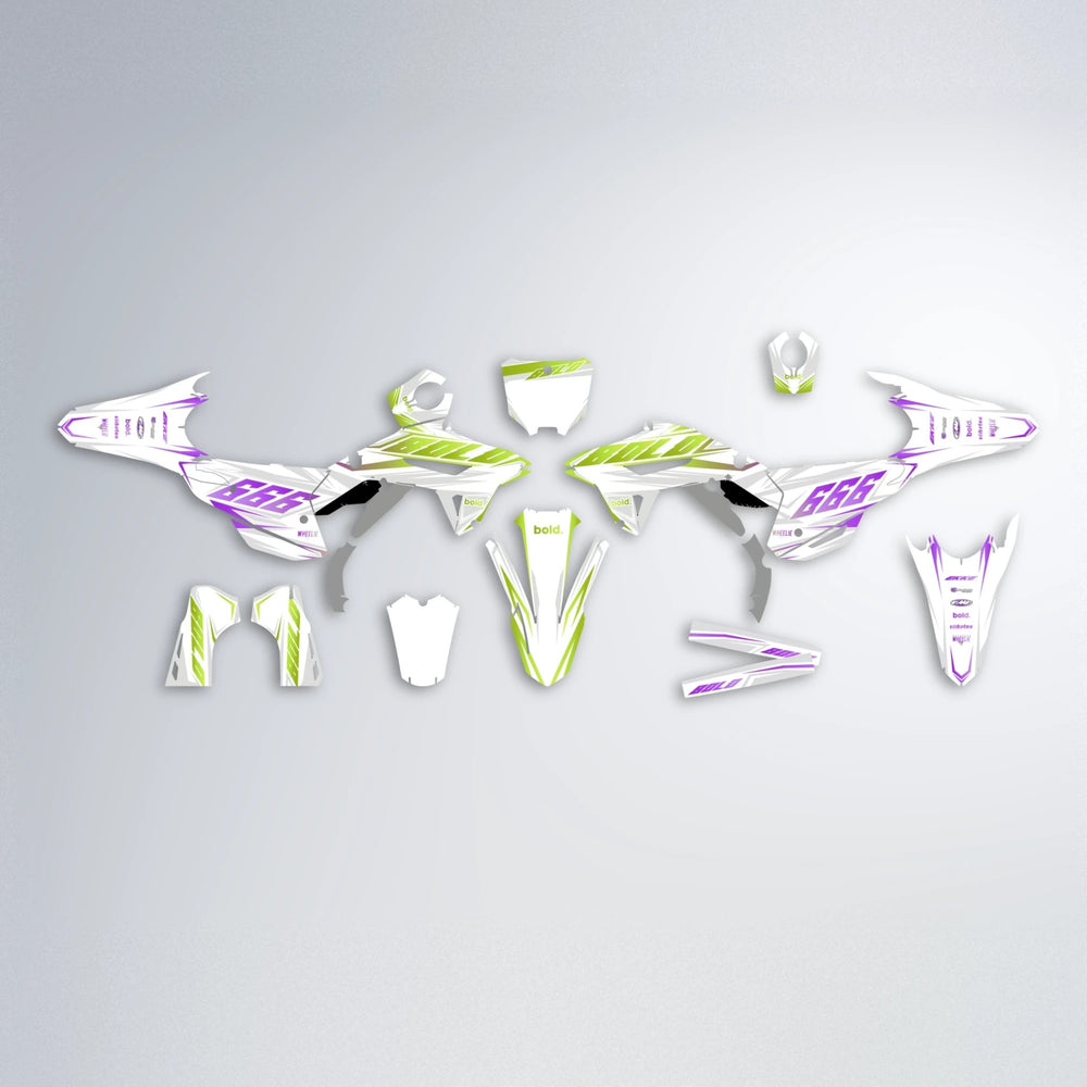 EKKE Honda graphics kit parts layout in Purple & Yellow
