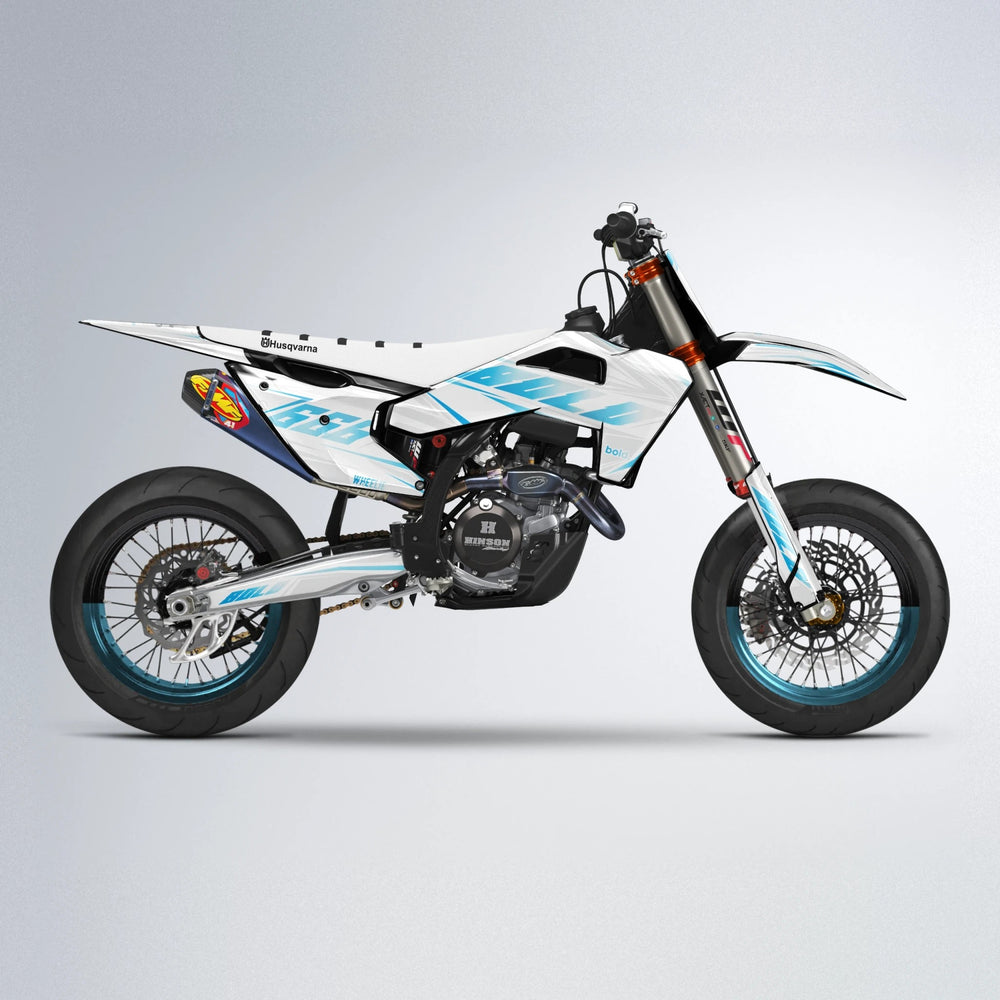 EKKE Husqvarna FE/TE supermoto graphics kit in Light Blue & White
