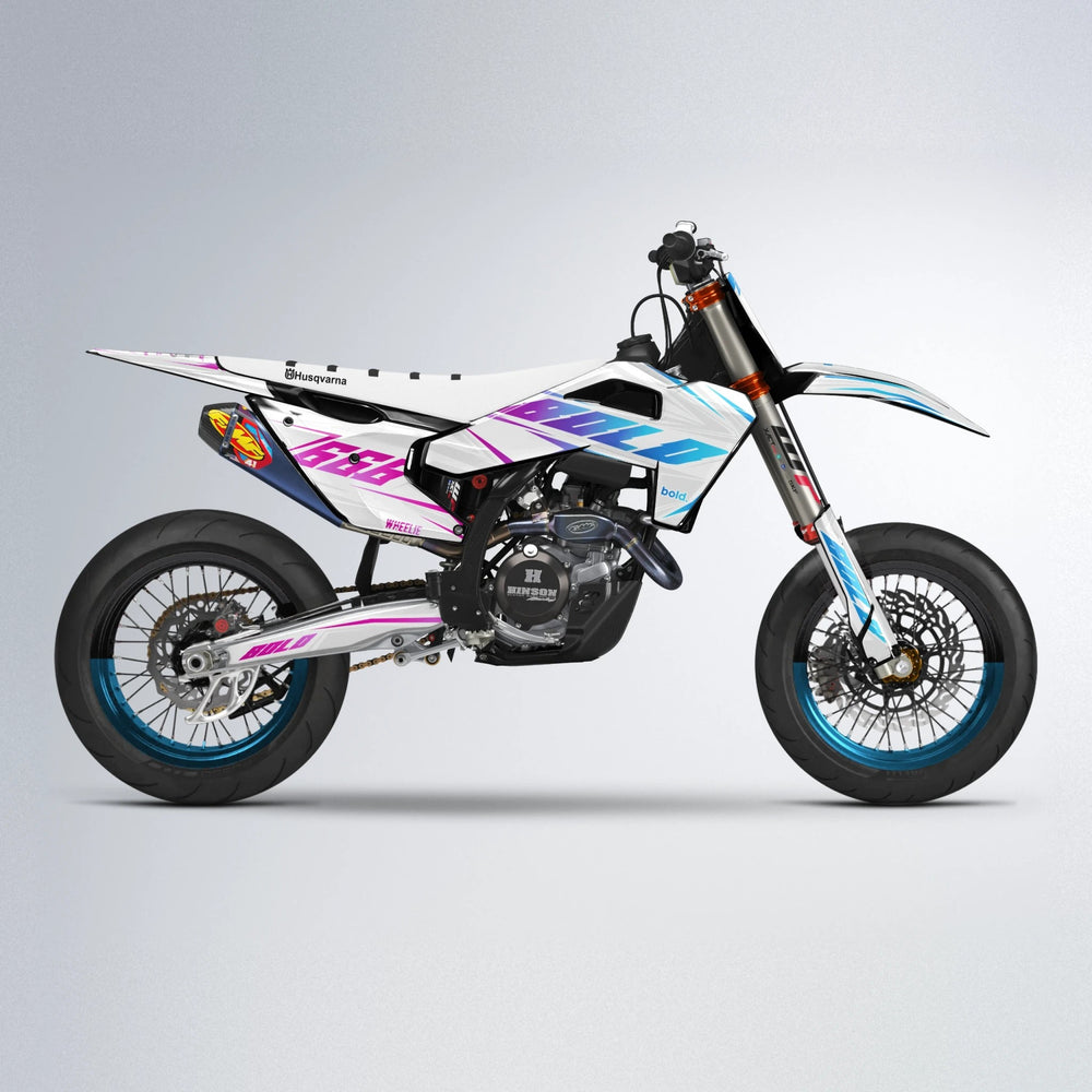EKKE Husqvarna FE/TE supermoto graphics kit in Pink & Light Blue
