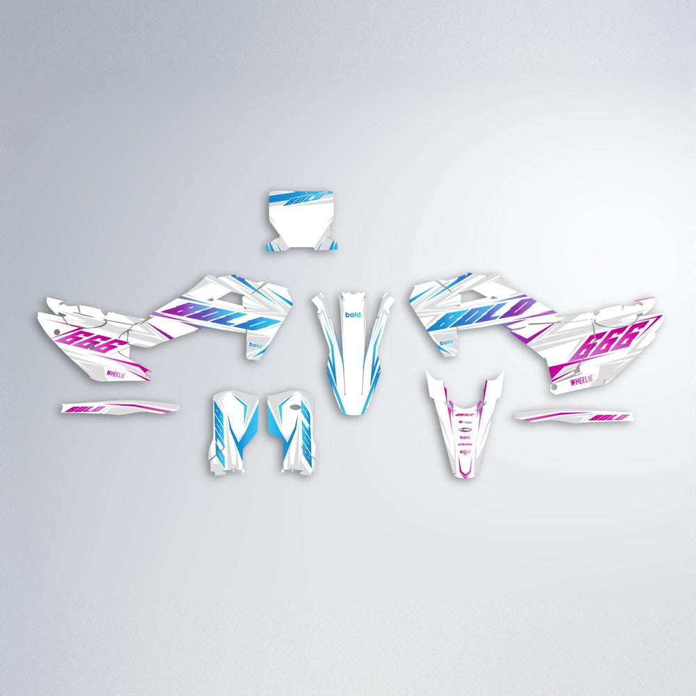 EKKE Husqvarna FE/TE graphics kit parts layout in Pink & Light Blue