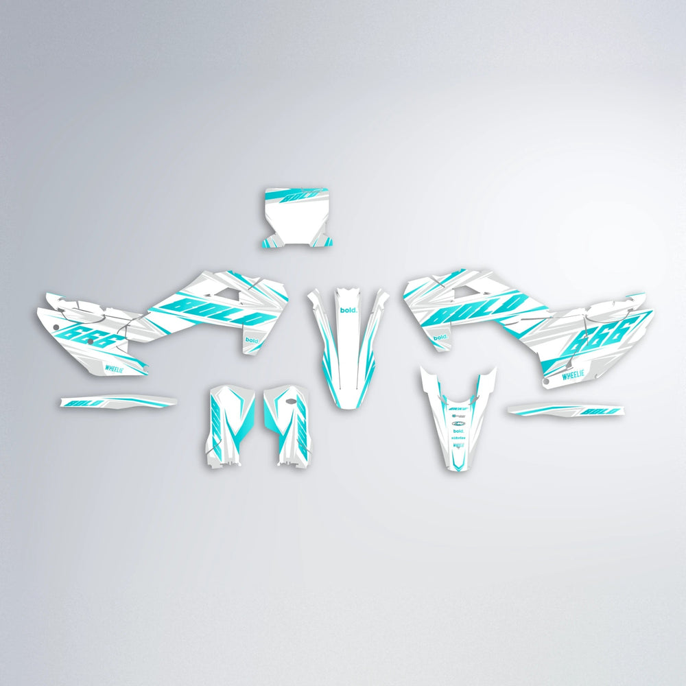 EKKE Husqvarna FE/TE graphics kit parts layout in Teal