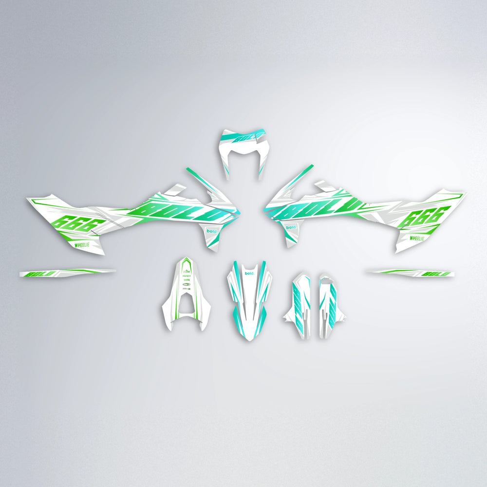 EKKE KTM SMC 690 graphics kit parts layout in Cyan & Green