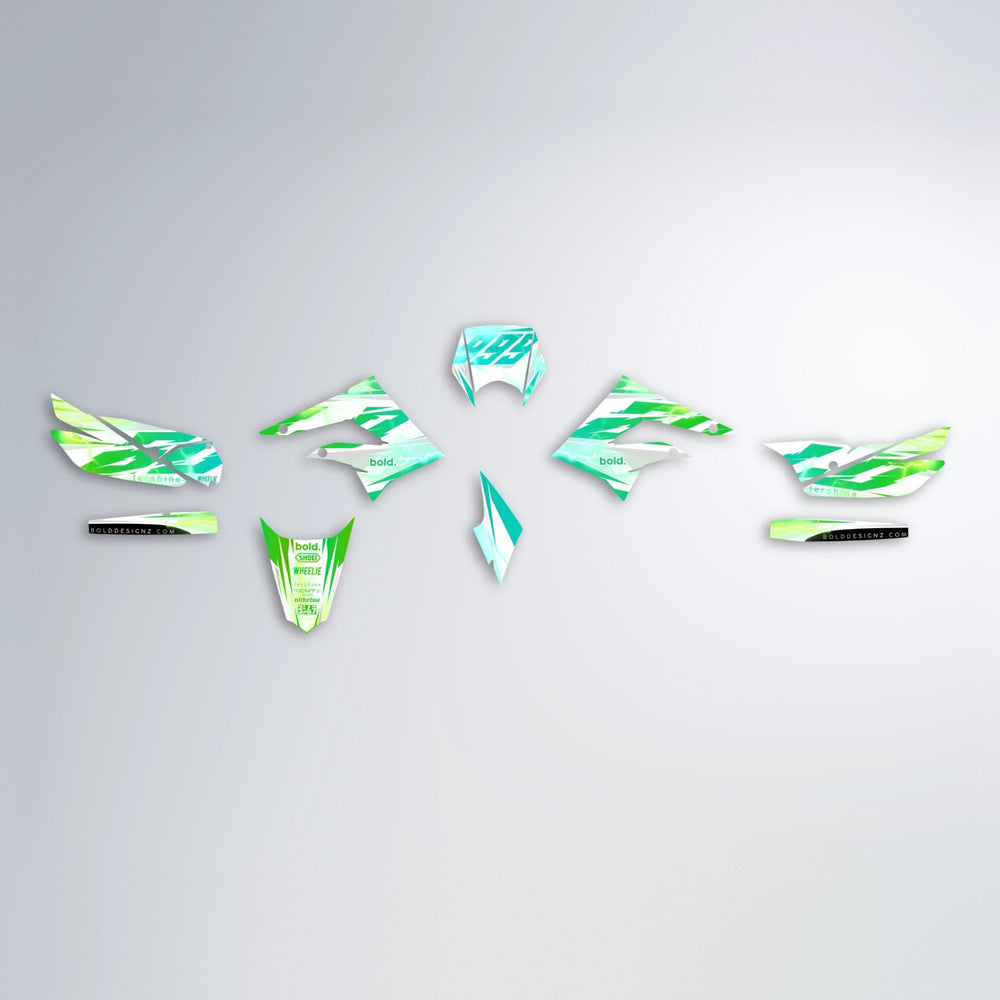 EKKE V2 Derbi Senda graphics kit parts layout in Cyan & Green