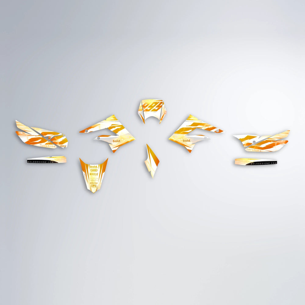 EKKE V2 Derbi Senda graphics kit parts layout in Orange & Yellow