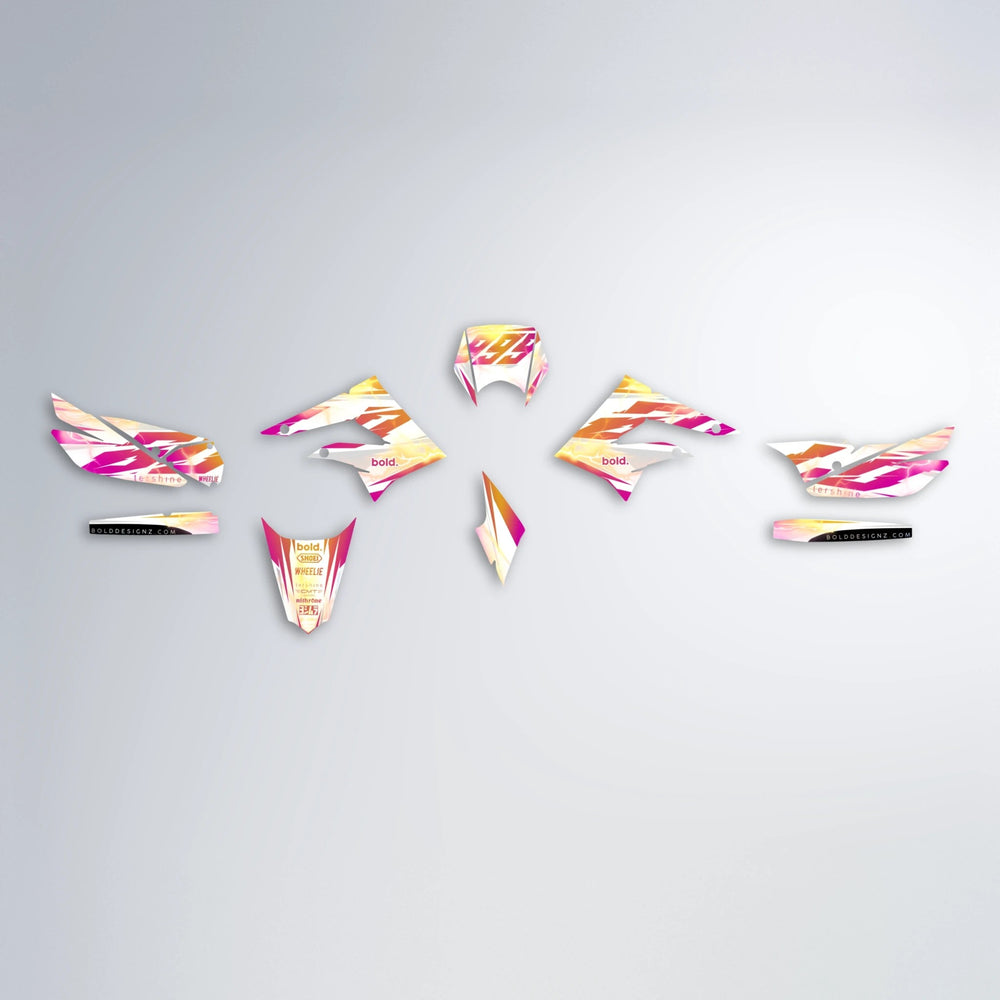 EKKE V2 Derbi Senda graphics kit parts layout in Pink & Yellow