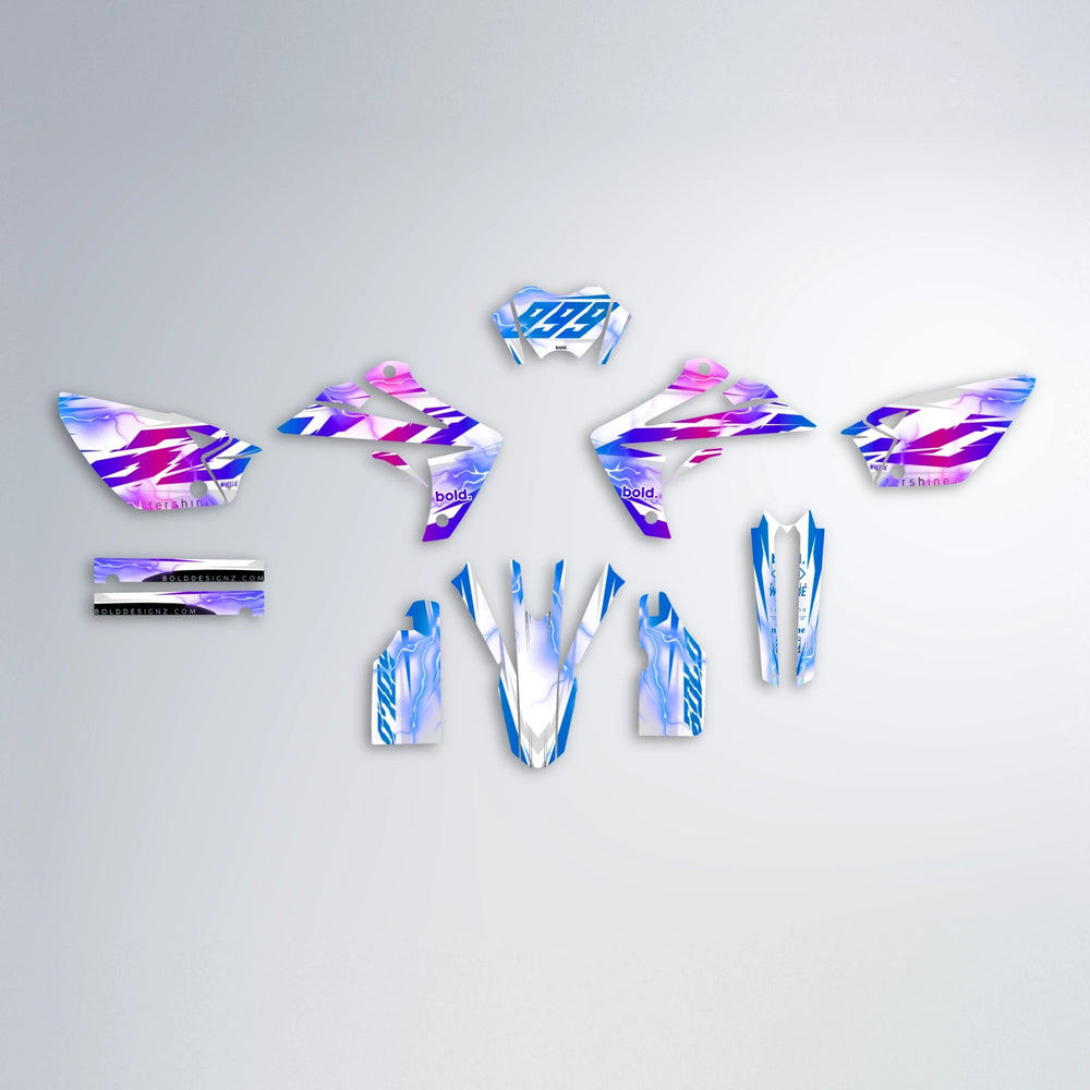 EKKE V2 Rieju MRT graphics kit parts layout in Blue Purple Fade