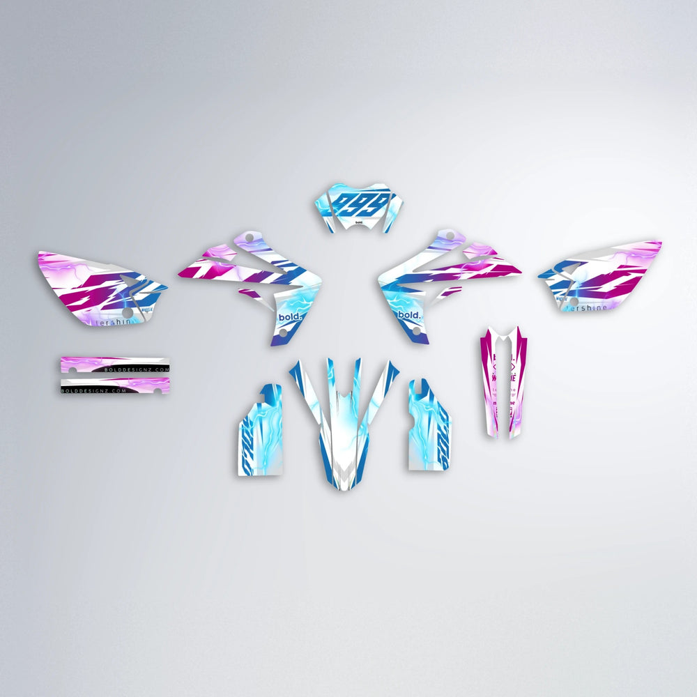 EKKE V2 Rieju MRT graphics kit parts layout in Pink & Light Blue
