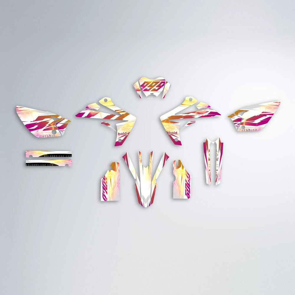 EKKE V2 Rieju MRT graphics kit parts layout in Pink & Yellow