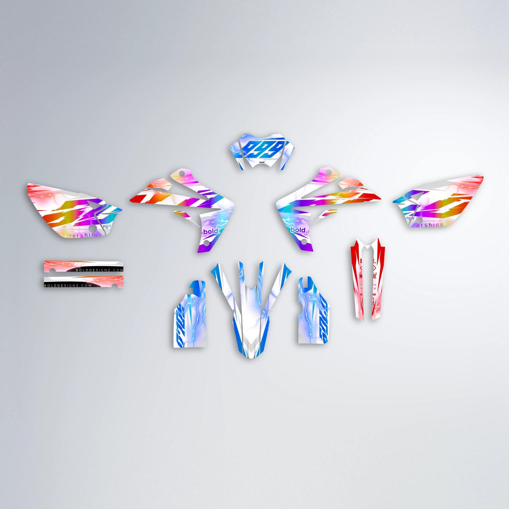EKKE V2 Rieju MRT graphics kit parts layout in Sunset Fade