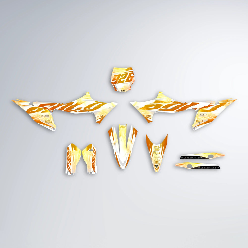 EKKE V2 Stark Varg SM graphics kit parts layout in Orange & Yellow