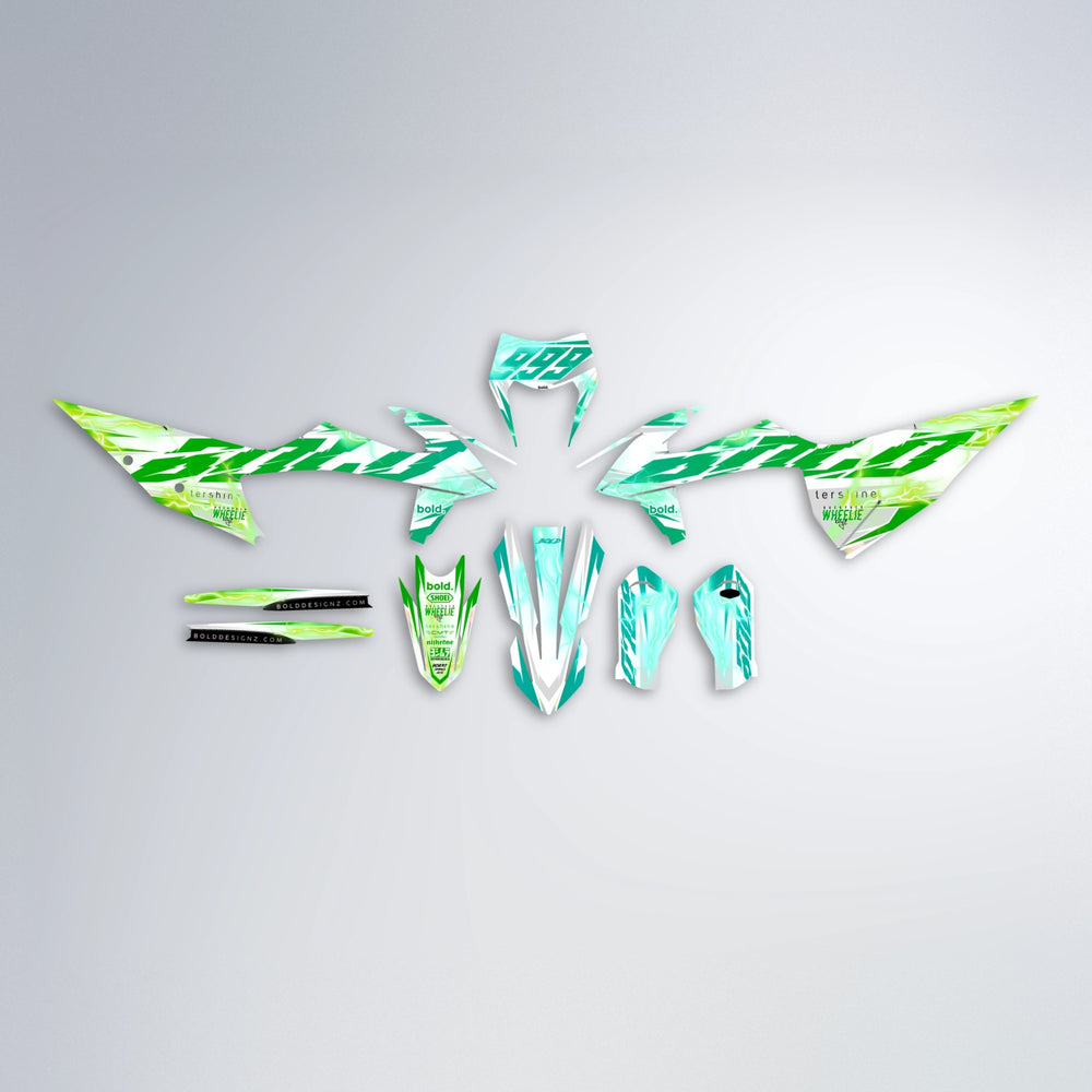 EKKE V2 graphics kit parts layout in Cyan & Green
