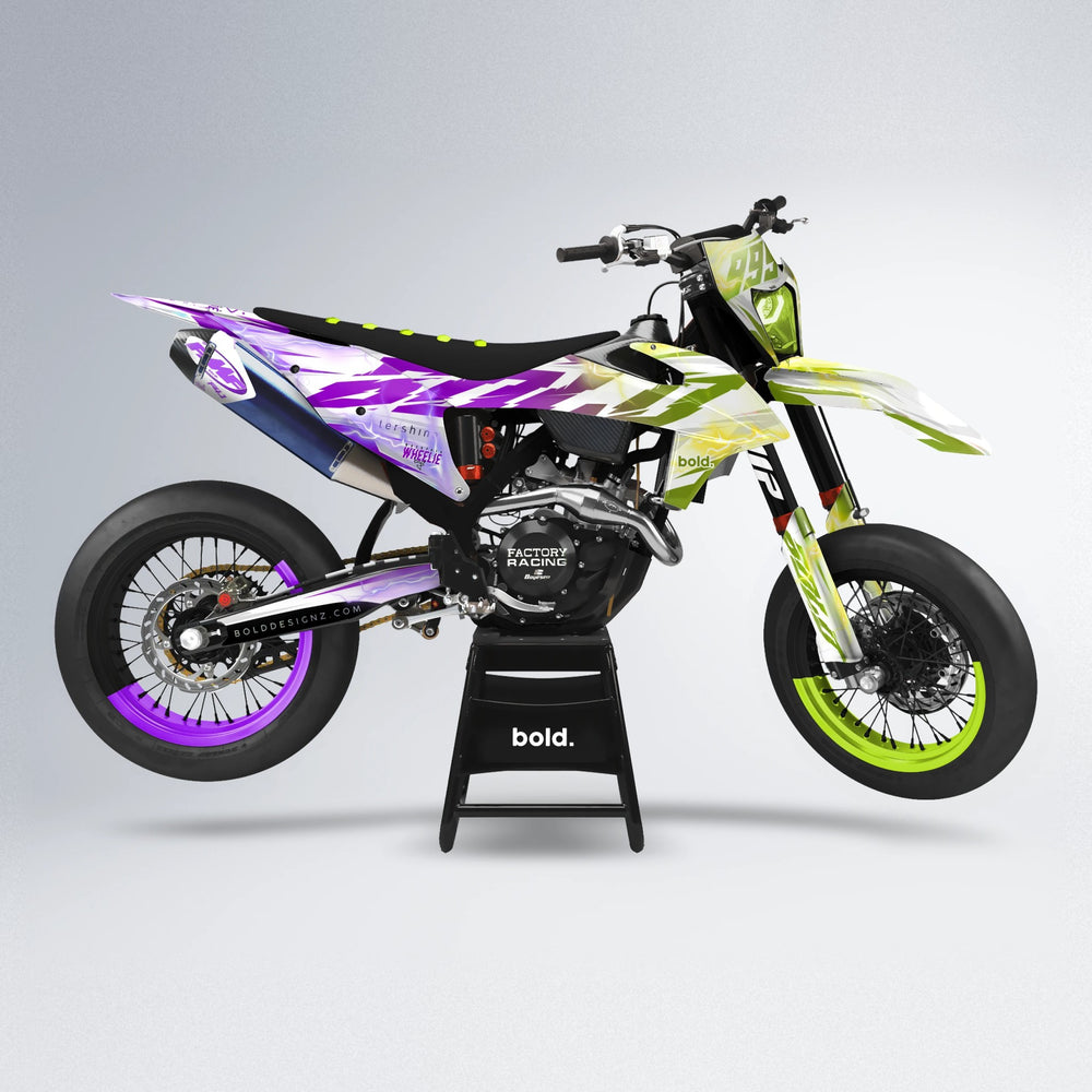 EKKE V2 supermoto graphics kit in Purple & Fluo Yellow