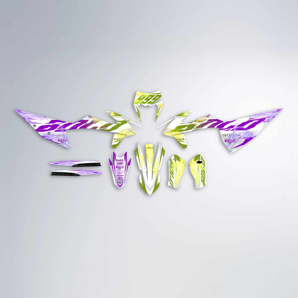 EKKE V2 graphics kit parts layout in Purple & Fluo Yellow