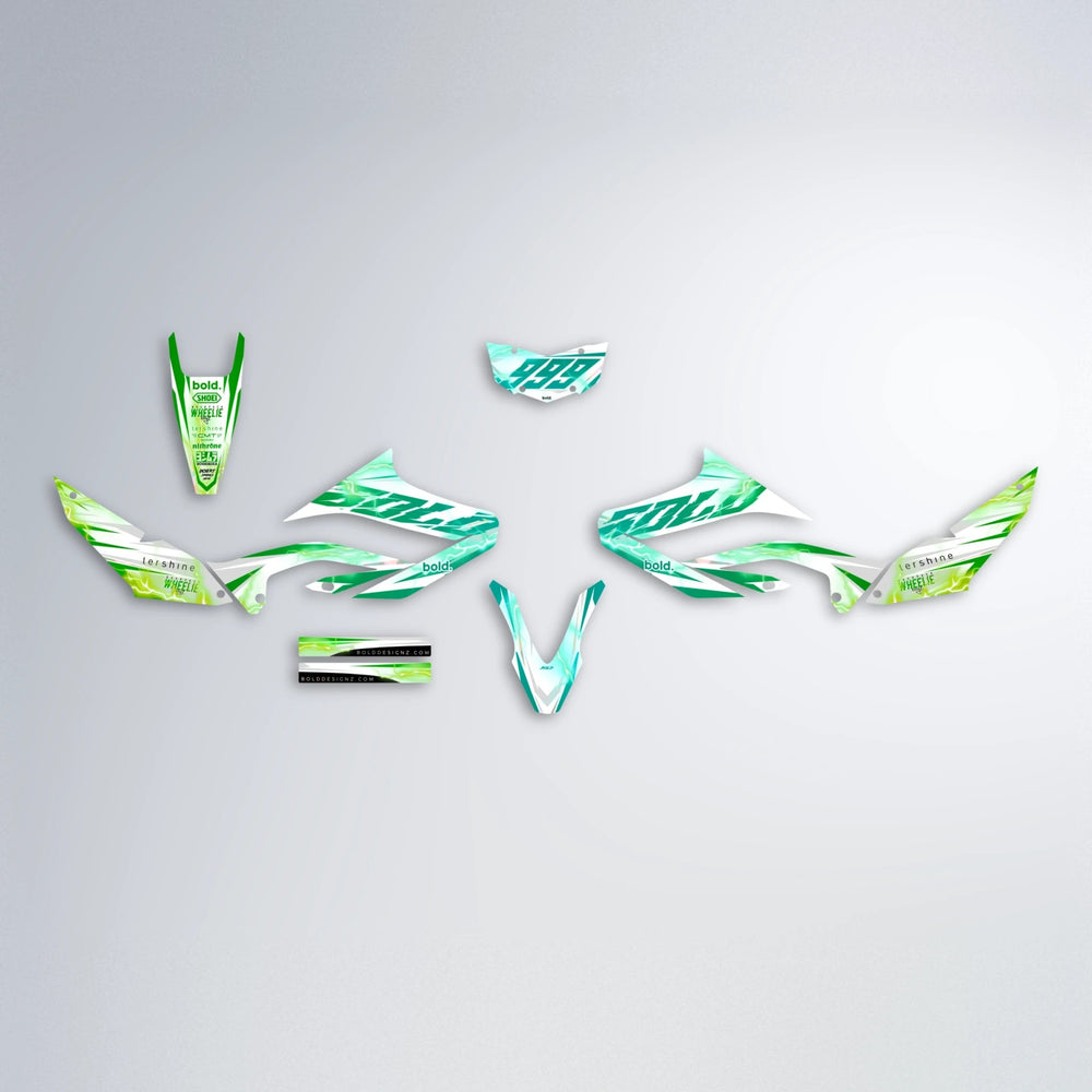 EKKE V2 Yamaha WR 125X graphics kit parts layout in Cyan & Green
