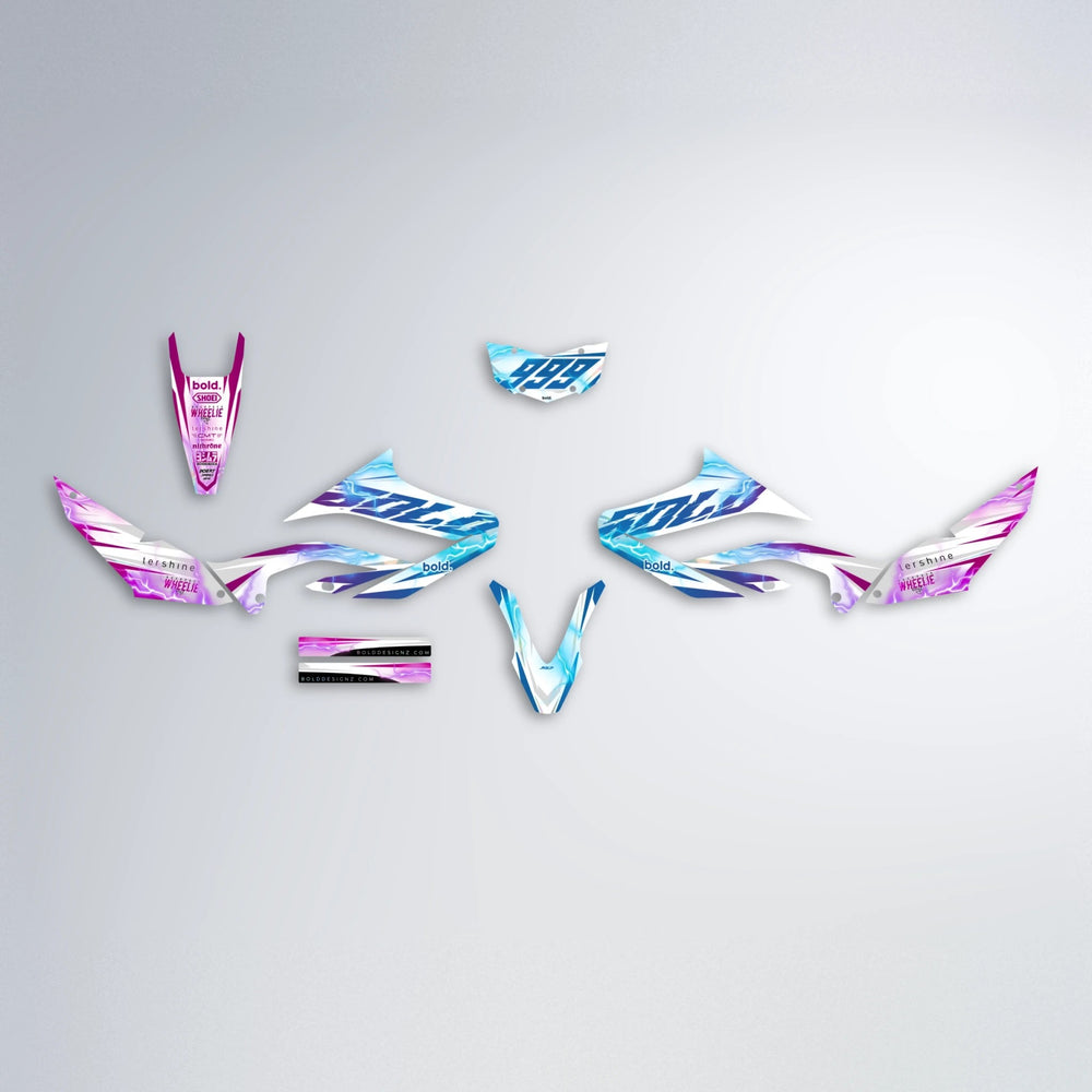 EKKE V2 Yamaha WR 125X graphics kit parts layout in Pink & Light Blue