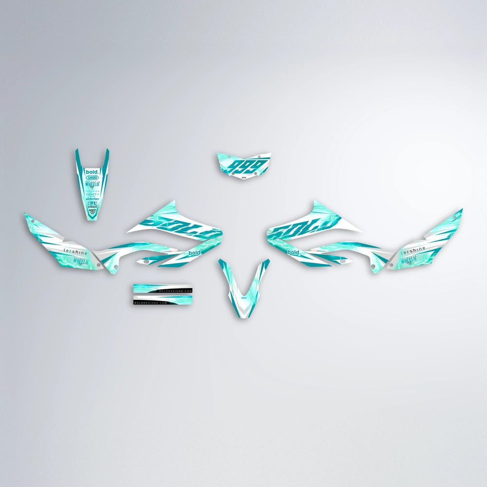EKKE V2 Yamaha WR 125X graphics kit parts layout in Teal