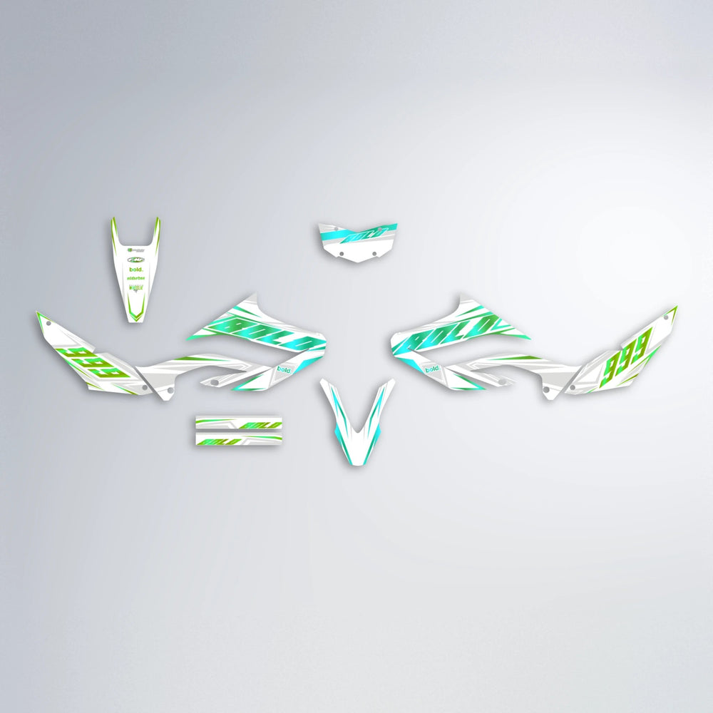 EKKE Yamaha WR 125X graphics kit parts layout in Cyan & Green