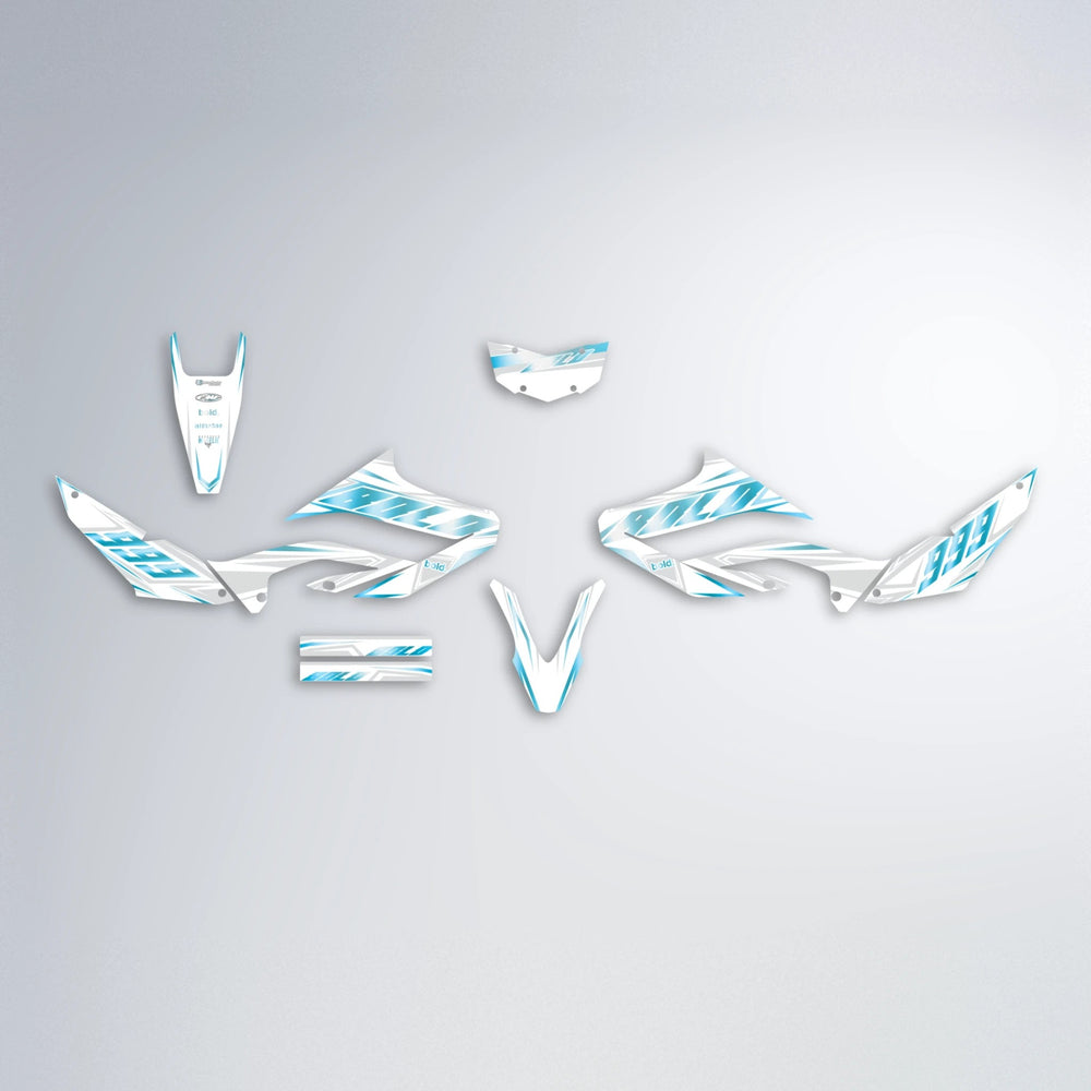 EKKE Yamaha WR 125X graphics kit parts layout in Light Blue & White