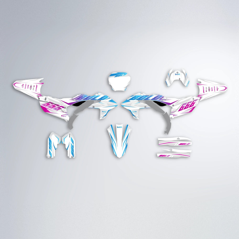 EKKE Yamaha YZF MX graphics kit parts layout in Pink & Light Blue