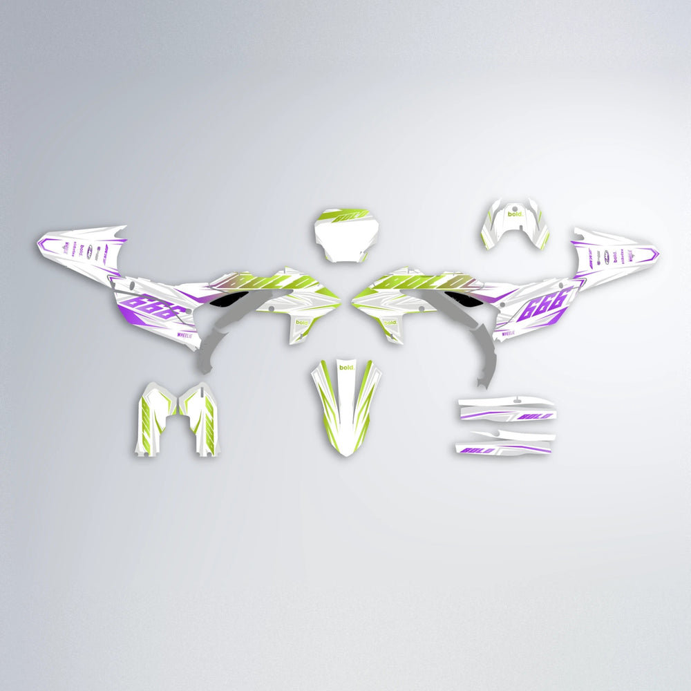 EKKE Yamaha YZF MX graphics kit parts layout in Purple & Yellow